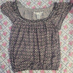 Max Studio blouse purple black and white geometric pattern officewear attire